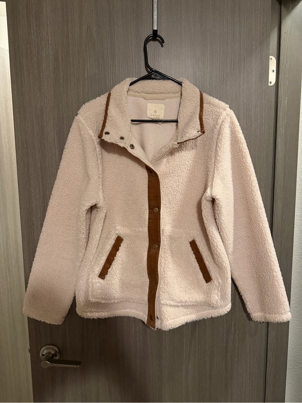 Cozy Cream Teddy Jacket with Tan Trim